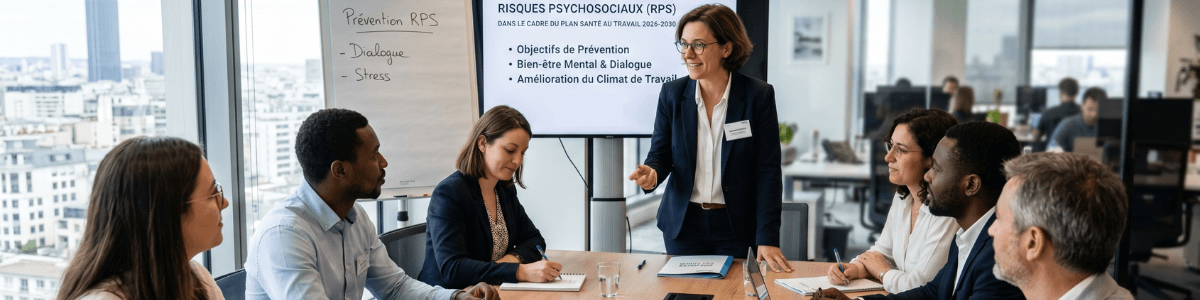 Manager échangeant avec son équipe dans le cadre du Plan Santé au Travail 2026-2030 sur la prévention des RPS.