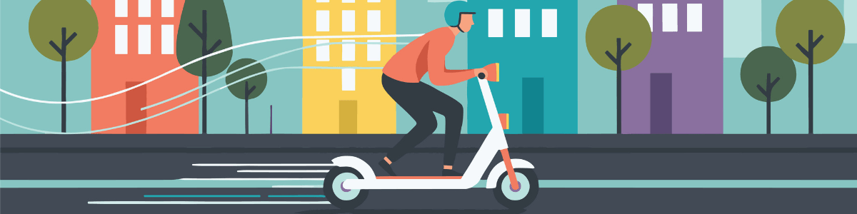 Salarié parisien circulant à trottinette électrique avec casque sur une piste cyclable.